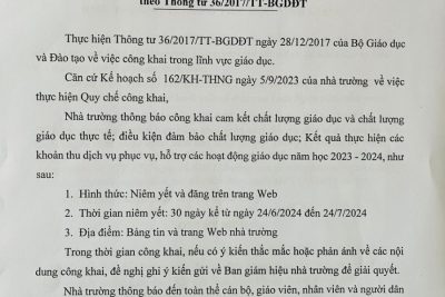 Công khai theo Thông tư 36 kỳ tháng 6 năm học 2023 – 2024