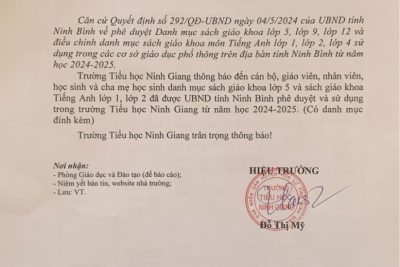 Thông báo danh mục SGK lớp 5 và điều chỉnh danh mục SGK lớp 1,2 của trường Tiểu học Ninh Giang từ năm học 2024 – 2025