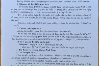 Thông báo về việc tuyển sinh lớp 1 năm học 2024 – 2025